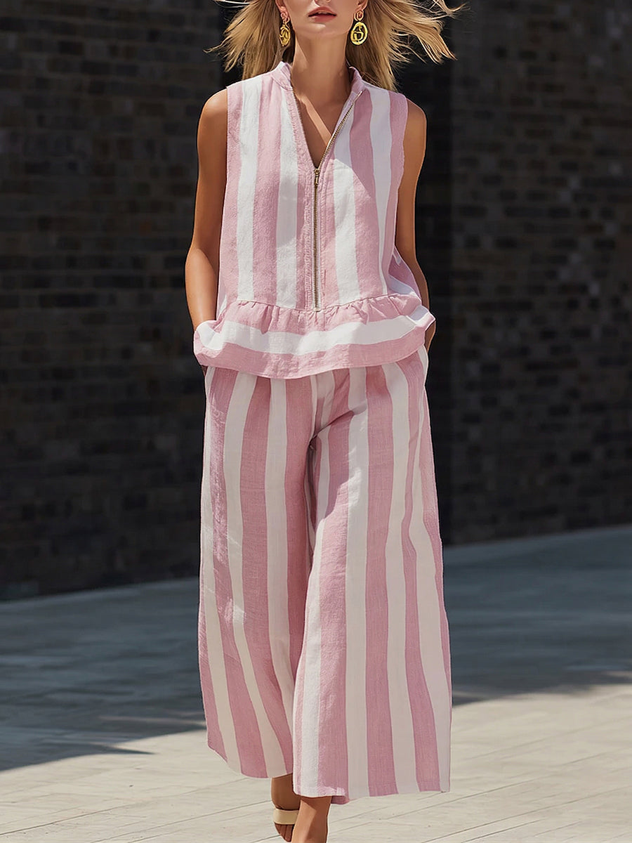 Elegant & Cozy Zipper Striped Cotton-linen Two-piece Set