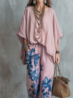 Pink Batwing Sleeve Top And Blue Floral Wide-leg Pants