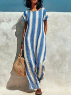 Women's Striped Art Round Neck Casual Stylish Cotton Linen Dress