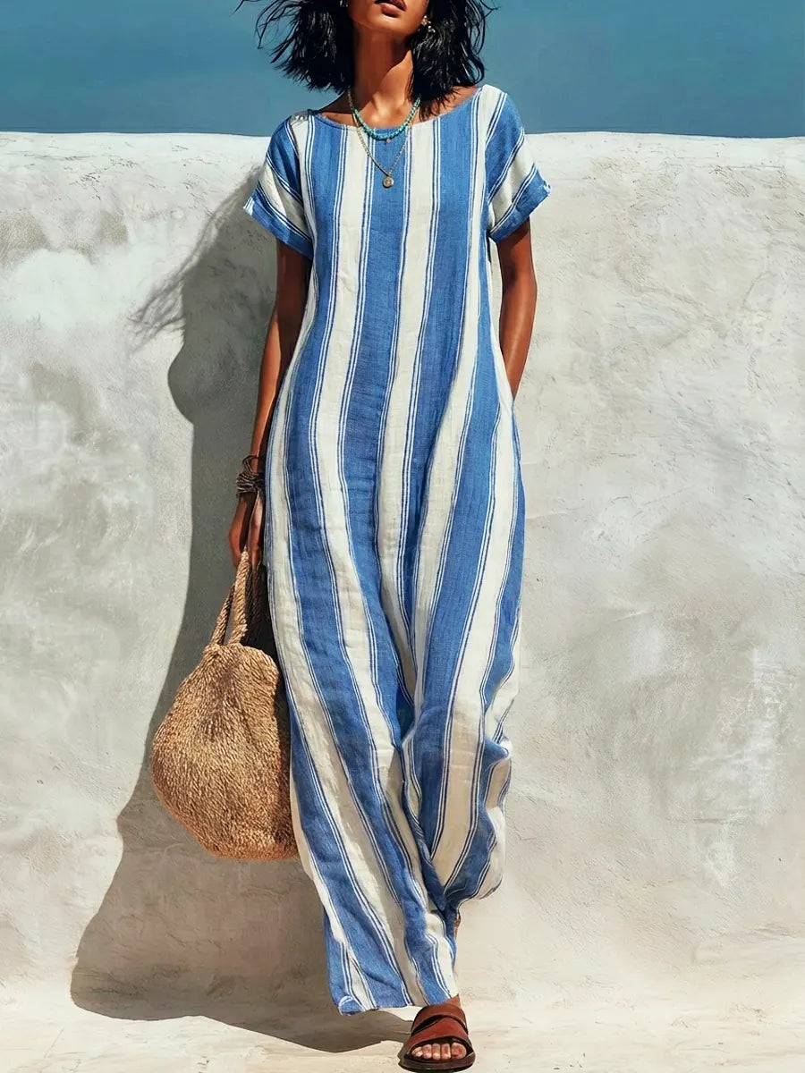 Women's Striped Art Round Neck Casual Stylish Cotton Linen Dress
