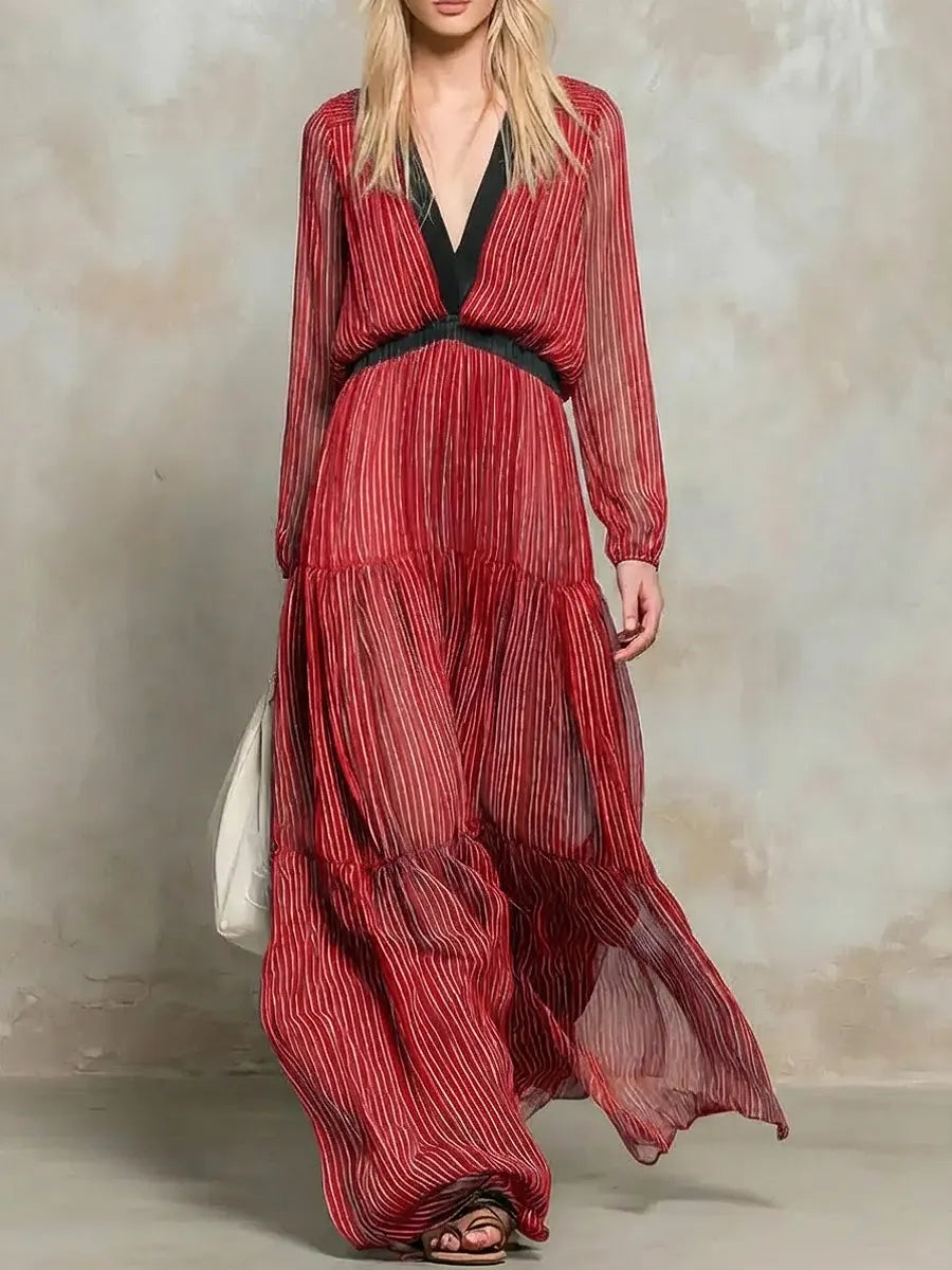 Women's Striped Art Casual Stylish Long Sleeve Chiffon Maxi Dress