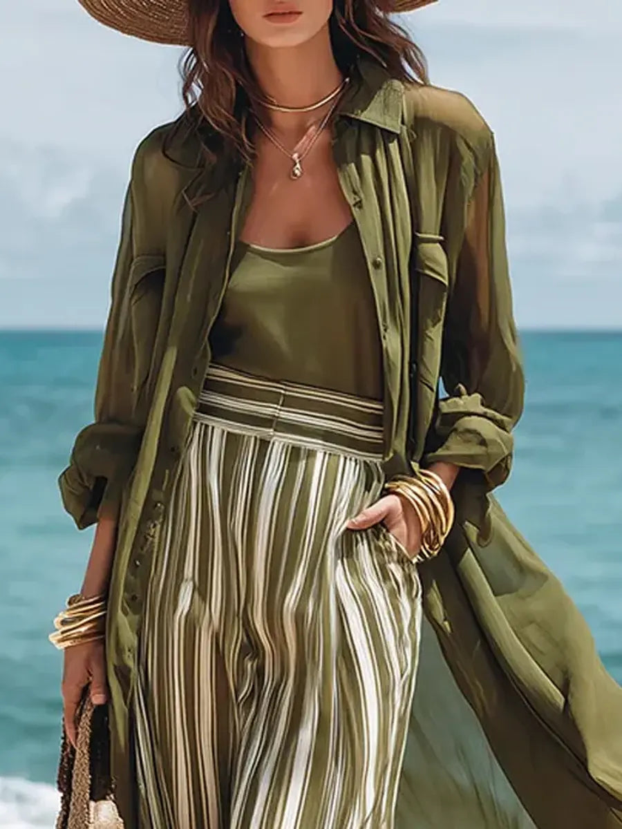 Women's Lapel Long Stylish Casual Top Comfortable Vest And Striped Pants Three-piece Set