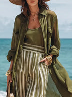 Women's Lapel Long Stylish Casual Top Comfortable Vest And Striped Pants Three-piece Set