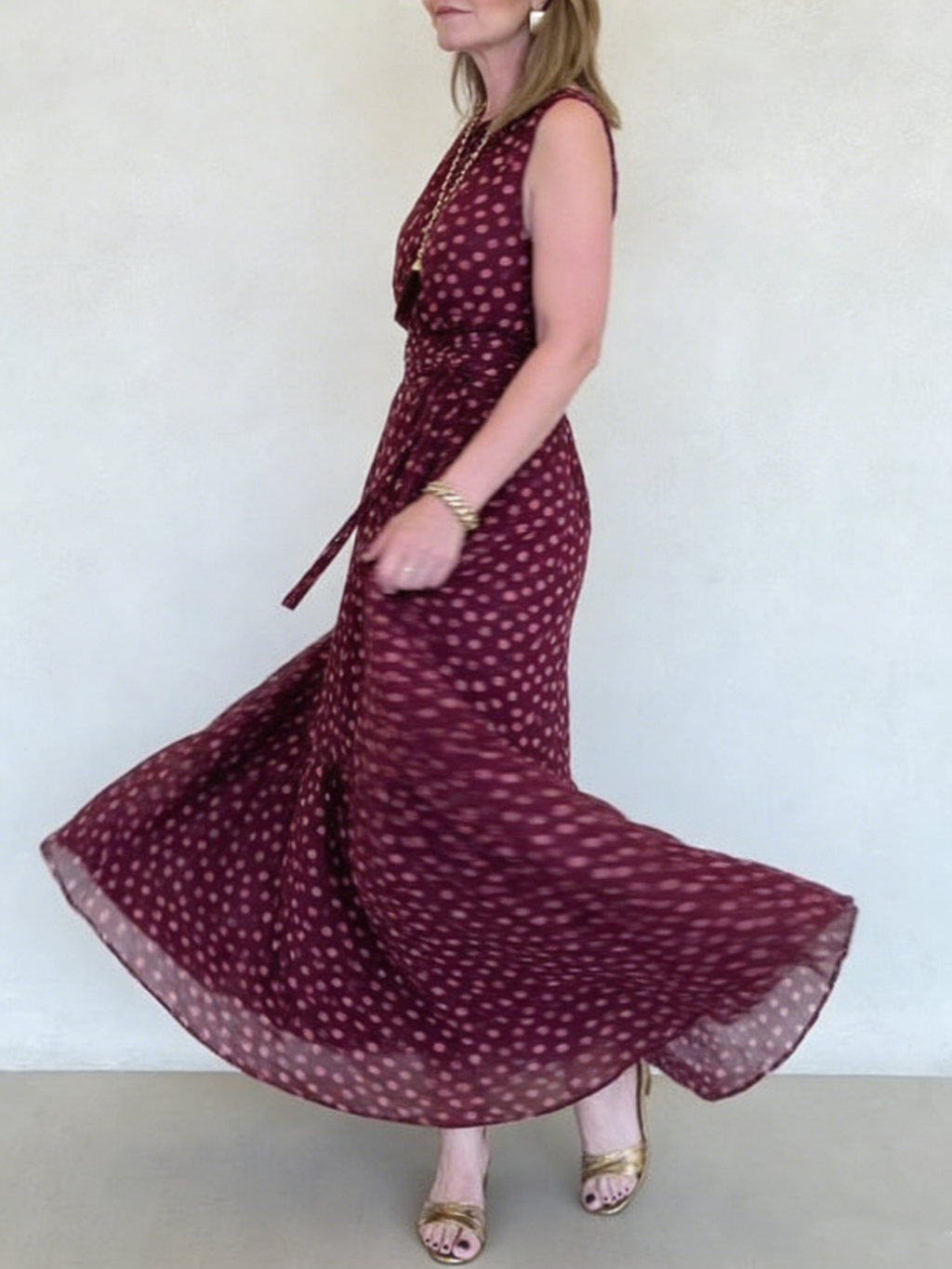 Elegant Polka Dot Print Belted Maxi Dress