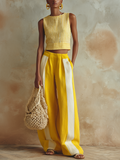 Yellow & White Striped Sleeveless Crop Top & Wide-Leg Pants Two-Piece Set