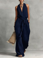 Women's Solid Color V-neck Sleeveless Casual Loose Wide-leg Jumpsuit