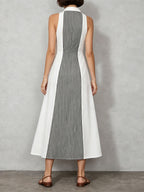 Women's Striped Flared Hem Color-block Lapel Linen Maxi Dress