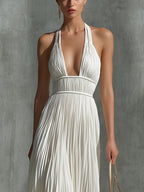 White Chiffon Pleated Halter Neck Sleeveless Fitted Waist A-line Maxi Dress