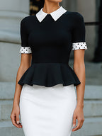 Elegant Contrast Collar Peplum Pencil Dress