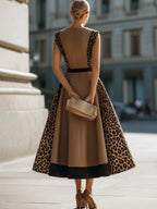 Leopard Panel Belted A-Line Maxi Dress