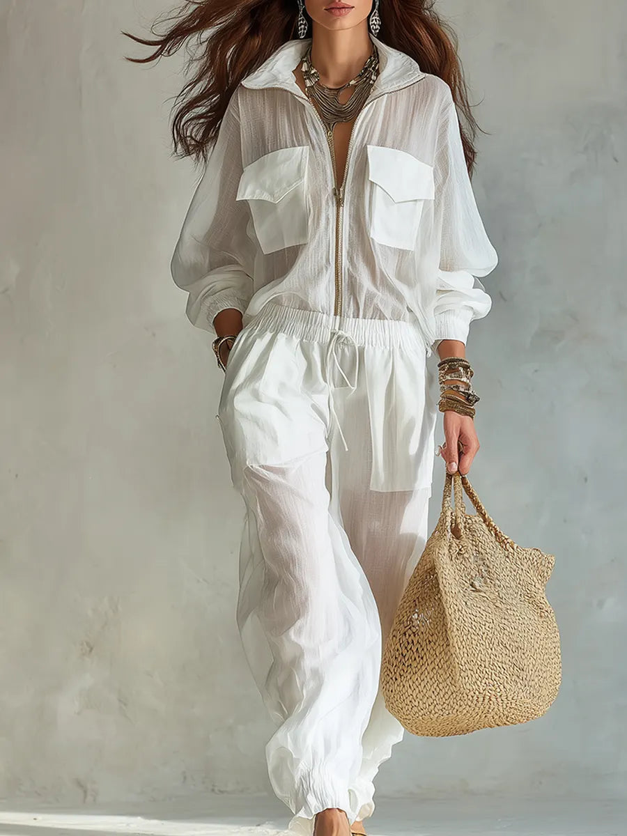 Casual Bohemian White Zip Front Jumpsuit With Pocket