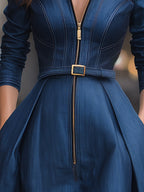 Elegant Zippered Belted Denim Midi Dress