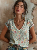 Women's Vintage Ethnic Floral Pattern Art Print V-neck Short-sleeve Top