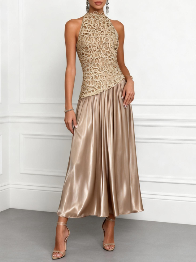 Champagne Lace Satin Halter Crew Neck Sleeveless A-Line Maxi Dress