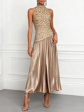 Champagne Lace Satin Halter Crew Neck Sleeveless A-Line Maxi Dress