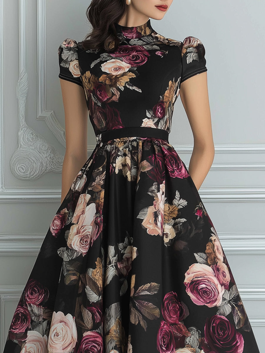 Vintage Black Rose Print High Neck Puff Sleeve Midi Dress