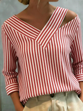 Stylish Off-shoulder Loose-fit Striped Cotton-linen Shirt