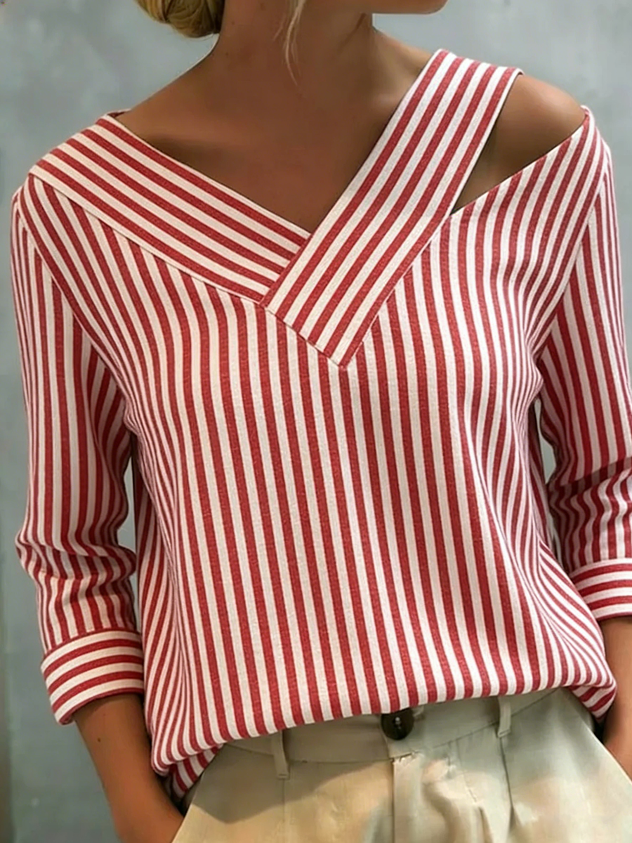Stylish Off-shoulder Loose-fit Striped Cotton-linen Shirt