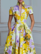 High Neck Structured Floral A-Line Midi Dress