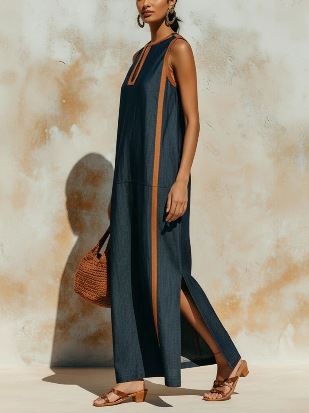 Tencel Denim Contrast Trim Sleeveless Maxi Dress