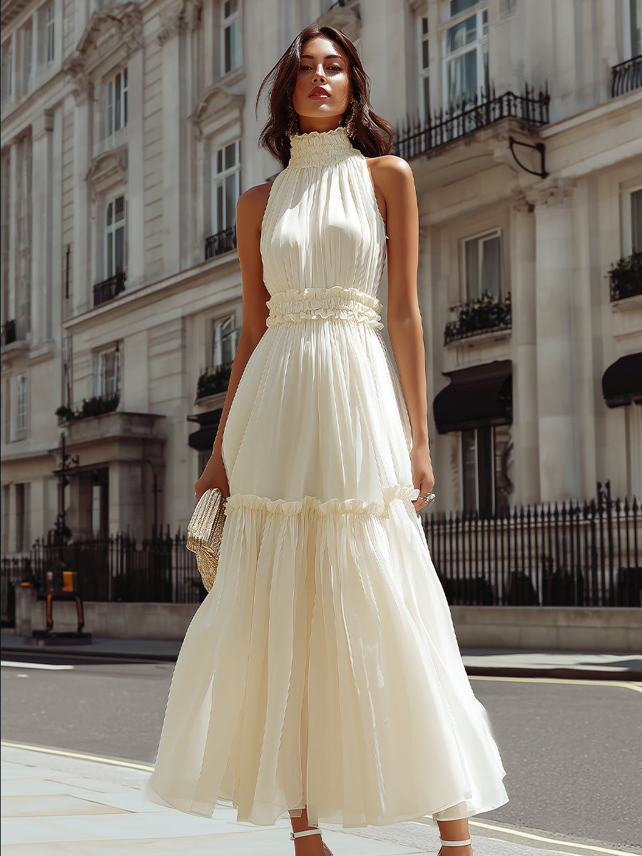 High Neck Ruffle Trim Tiered A-Line MaxiDress