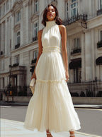 High Neck Ruffle Trim Tiered A-Line MaxiDress