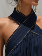 Navy Tencel Denim Halter Neck Maxi Dress