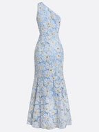 Light Blue Jacquard Beaded 3D Floral Lace One Shoulder Sleeveless Mermaid Gown Dress
