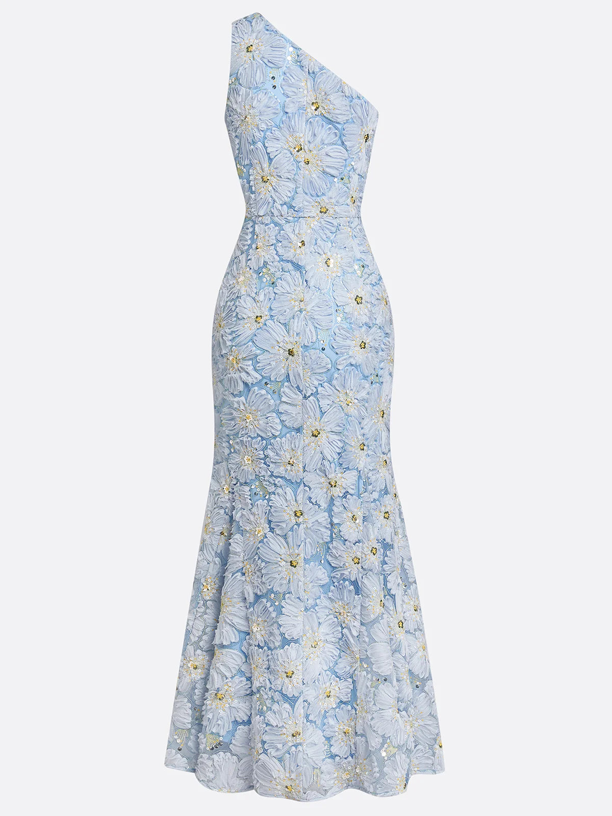 Light Blue Jacquard Beaded 3D Floral Lace One Shoulder Sleeveless Mermaid Gown Dress