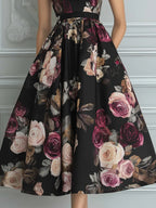 Vintage Black Rose Print High Neck Puff Sleeve Midi Dress
