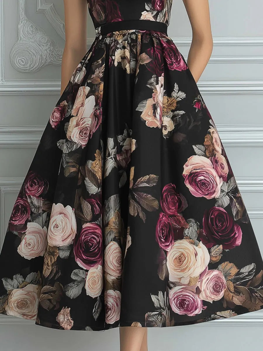 Vintage Black Rose Print High Neck Puff Sleeve Midi Dress