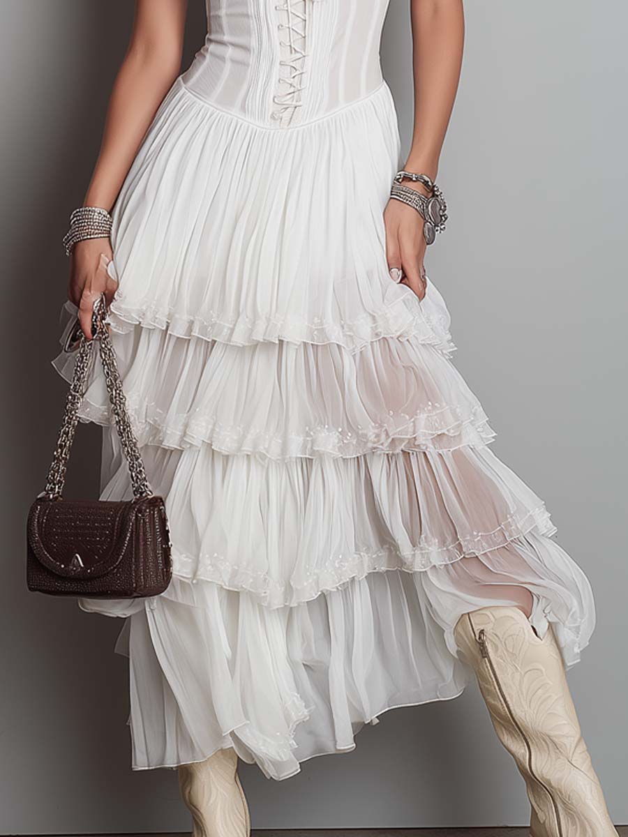 Vintage Lace Trim Corset Tiered Ruffles Chiffon Midi Dress