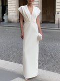 V-Neck Pleated Waist Maxi Dress With Cap Sleeves
