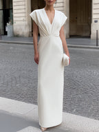 V-Neck Pleated Waist Maxi Dress With Cap Sleeves