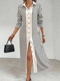 Women's Striped Art Lapel Casual Long Sleeve Cotton Shirt Dress