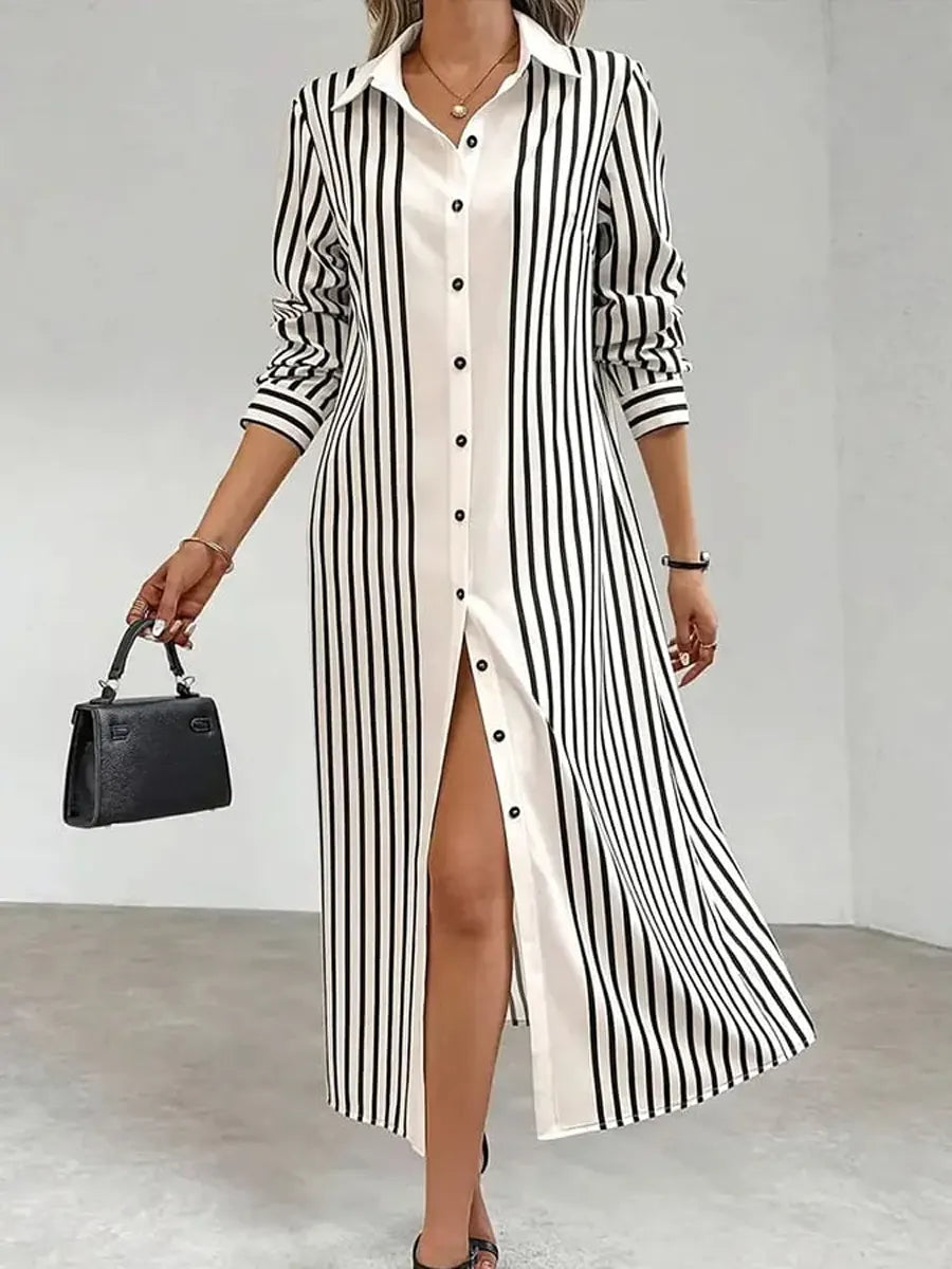 Women's Striped Art Lapel Casual Long Sleeve Cotton Shirt Dress