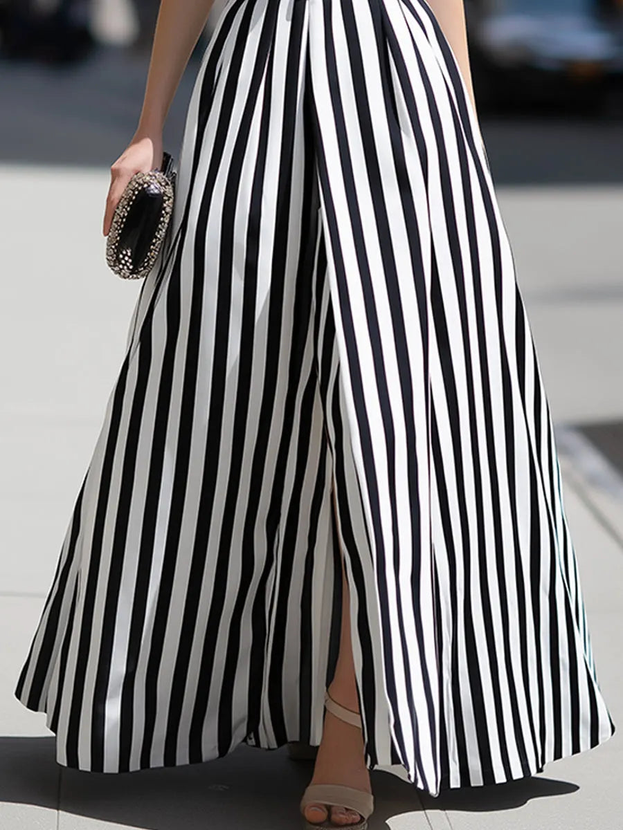 Striped Sleeveless Belted Elegant Dress