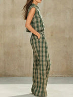 Women's Retro Striped Stylish Button Casual Top And Pants Cotton Linen Two-piece Set