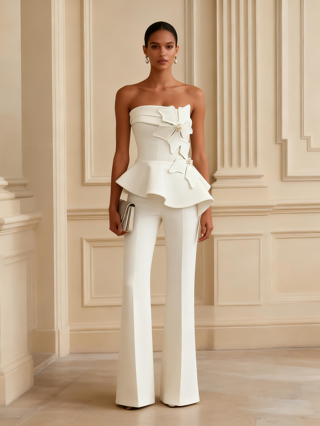 Women White 3D Floral Pearl Strapless Sleeveless Dressy Jumpsuit