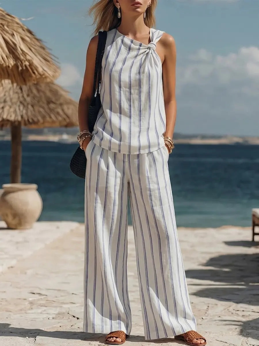 Vacation-style Blue And White Striped Linen Sleeveless Set