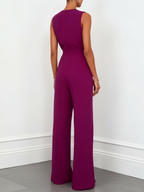 Women Purple V Neck Sleeveless Dressy Jumpsuit