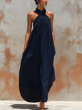 Navy Tencel Denim Halter Neck Maxi Dress