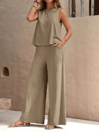 Women's Casual Crew Neck Top And Wide-leg Pants Set