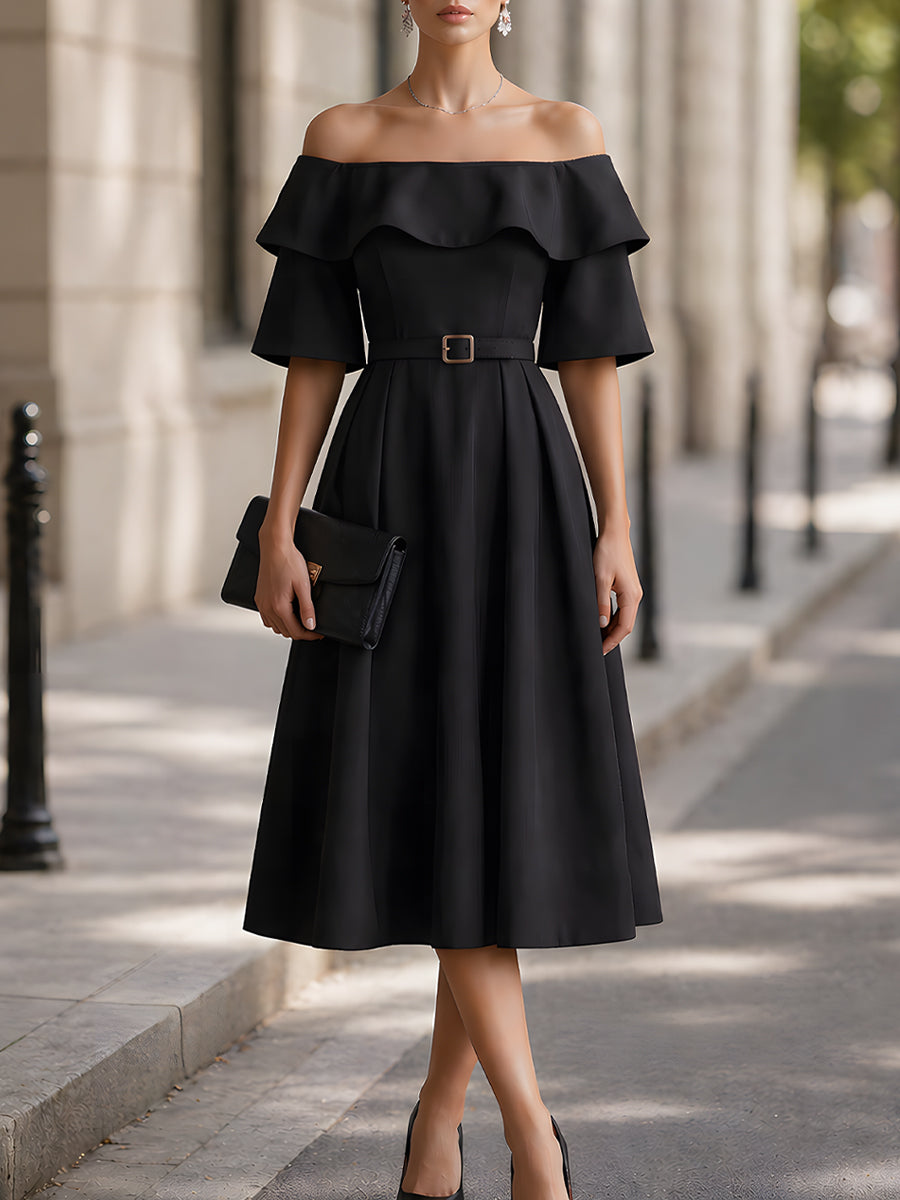 Off-Shoulder Belted Ruffle Sleeve A-Line Midi Dress