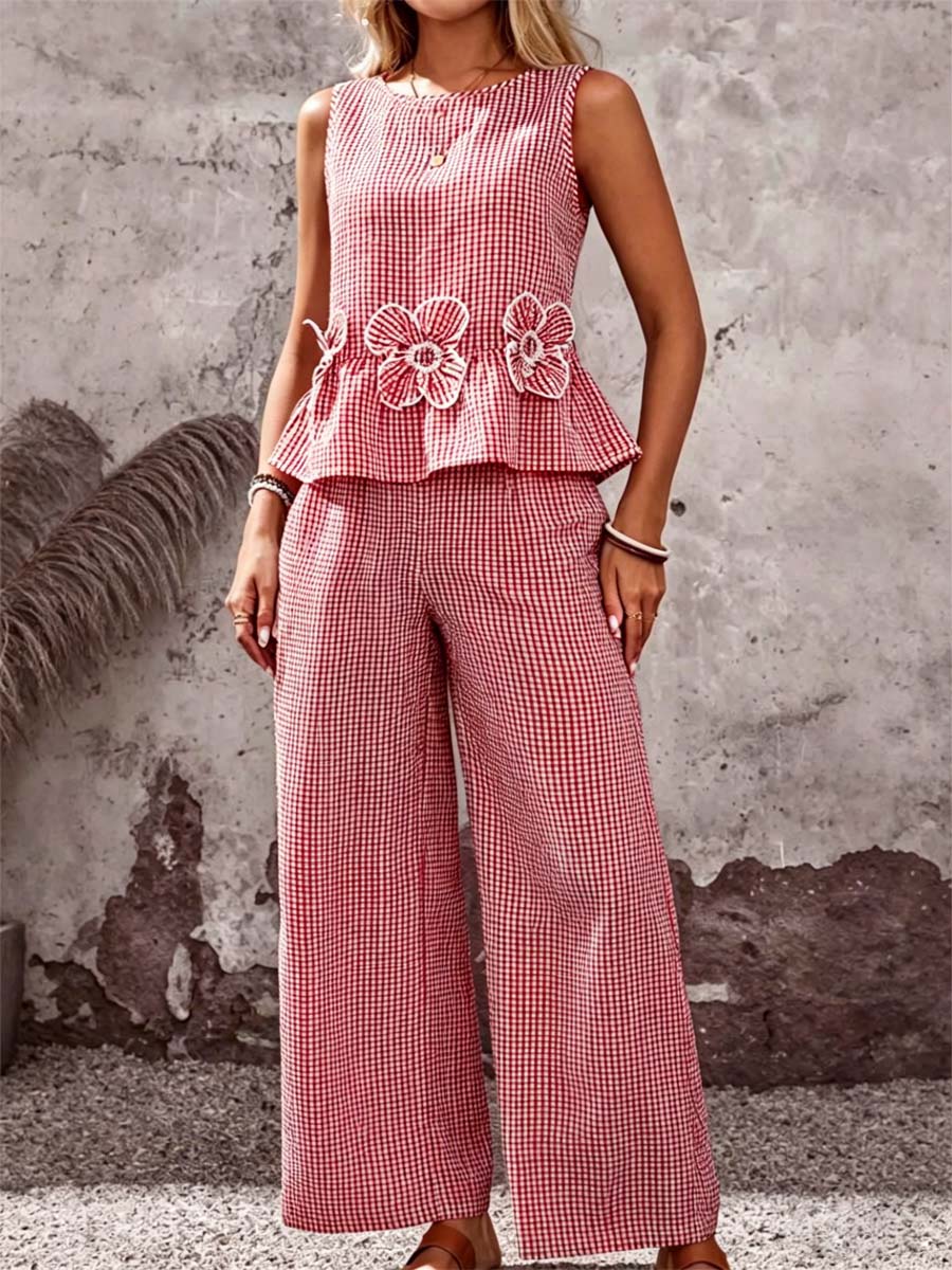 Women's Striped Flowers Art Stylish Cotton Linen Top And Pants Suits