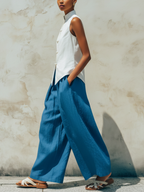 White Linen-Blend Frog-Button Vest & Blue Wide-Leg Pants Set
