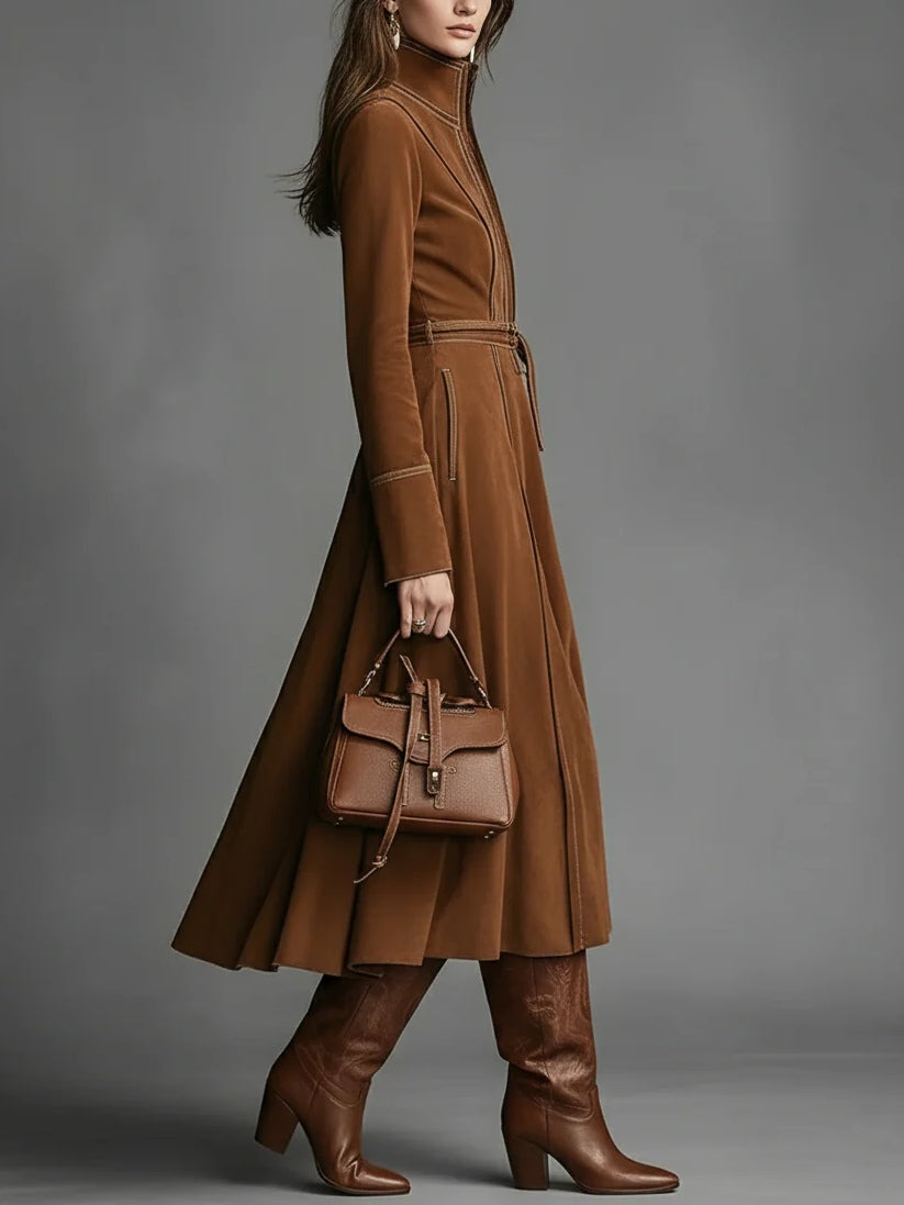 Brown Faux Suede Front Zipper Belted Elegant Maxi Dress