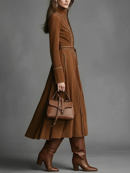 Brown Faux Suede Front Zipper Belted Elegant Maxi Dress