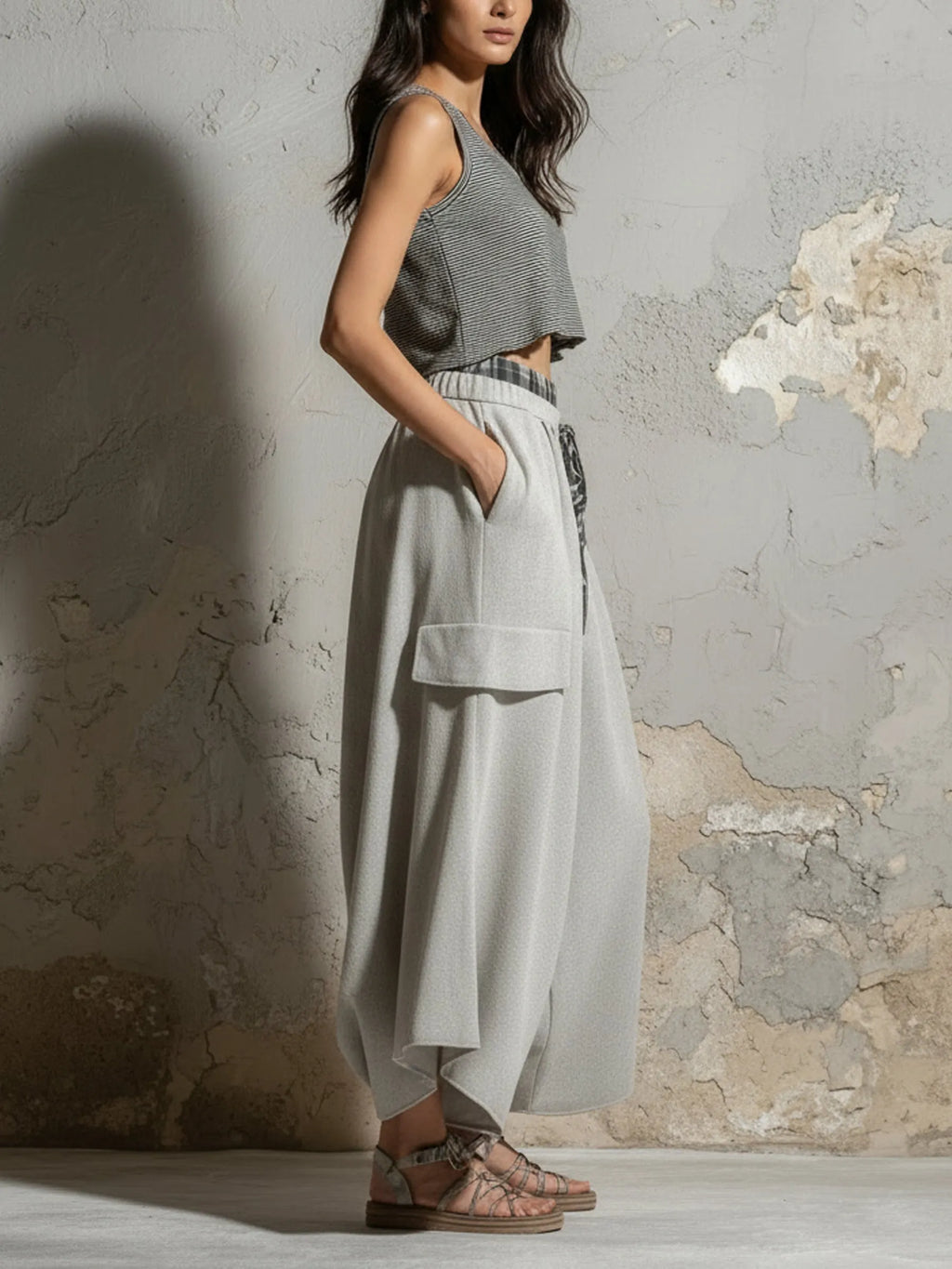 Gray Knit Cargo Balloon Pants