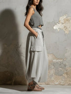 Gray Knit Cargo Balloon Pants